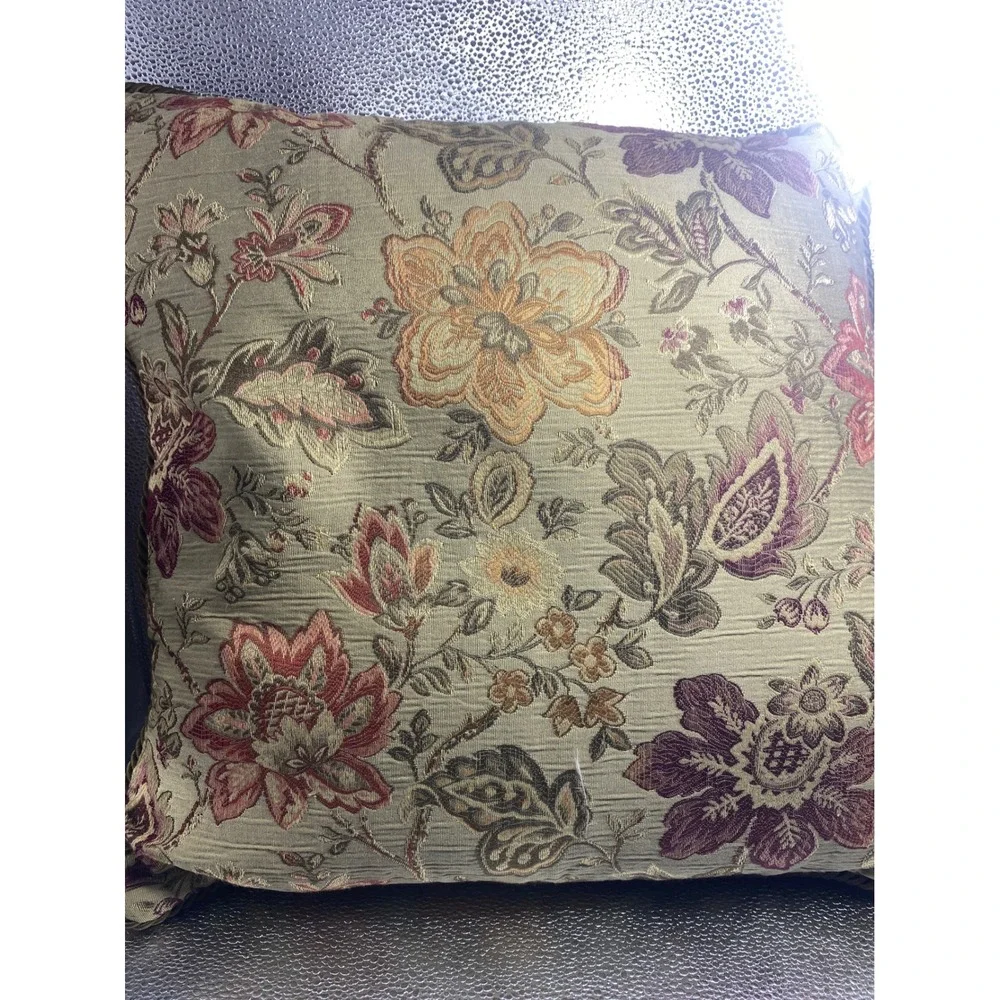 Vintage Floral Tapestry Throw Pillow Jacquard Burgundy Gold Sage Corded Trim